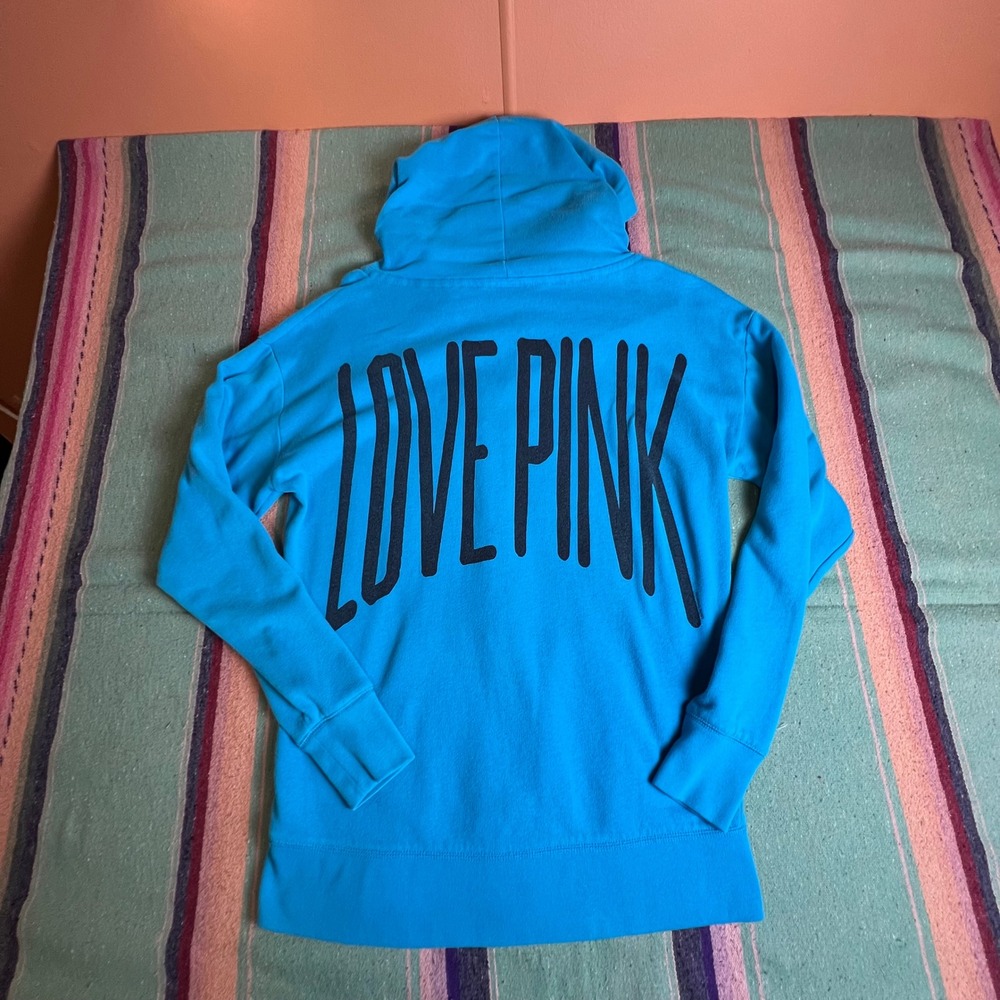 PINK Victoria's Secret Hoodie Womens XS Blue Love Pink Graphic Zip Up Athleisure